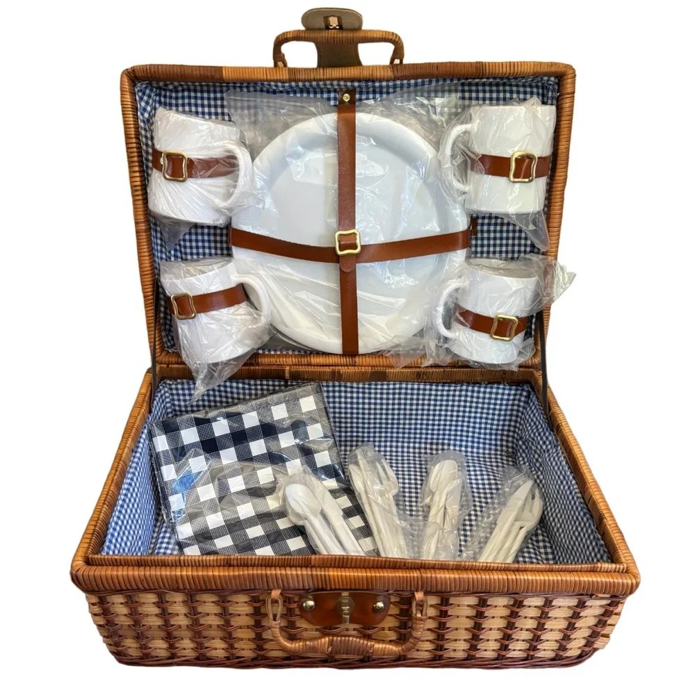 Large Woven Picnic Basket Romantic Vintage Set All Season Use Tan Blue Gingham - Picture 2 of 11